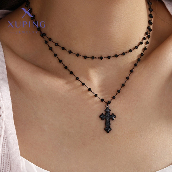 304 Stainless Steel Plastic 18K Gold Plated Black Gun XUPING Punk Minimalist Beaded Inlay Cross Artificial Gemstones Double Layer Necklaces