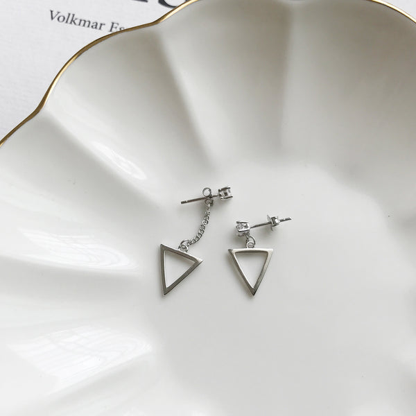 925 Sterling Silver Japanese / Korean Triangle Droplet Silver Pearl Inlay Stud Earrings