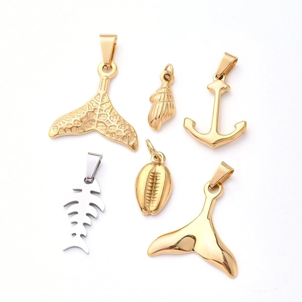 5 PCS/Package 18x8mm 22x11mm 25x25mm 3x6.5mm 3x6mm 4.5x8mm 304 Stainless Steel Gold Plated Conch Fish Tail Fish Bone Polished Pendant