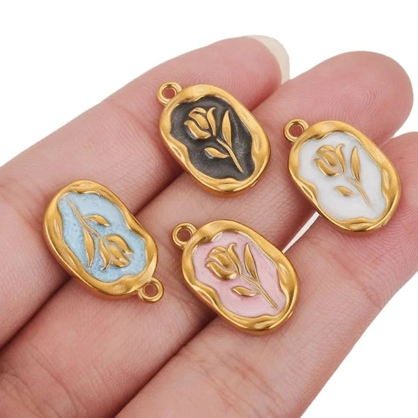 5 PCS/Package 304 Stainless Steel Natural Stone Gold Plated Flower Pendant