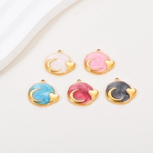 5 Pcs/package Simple Style Moon Heart Shape Stainless Steel Enamel Pendant Jewelry Accessories