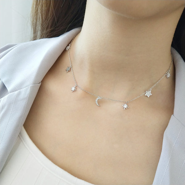 925 Sterling Silver Moderate Luxury Star Moon Heart Silver Electroplating Necklaces