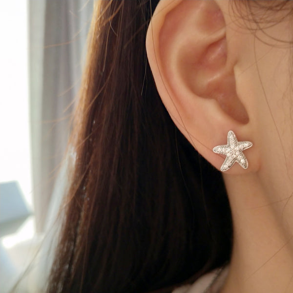 925 Sterling Silver IG Style Starfish Droplet Silver Pearl Inlay Stud Earrings