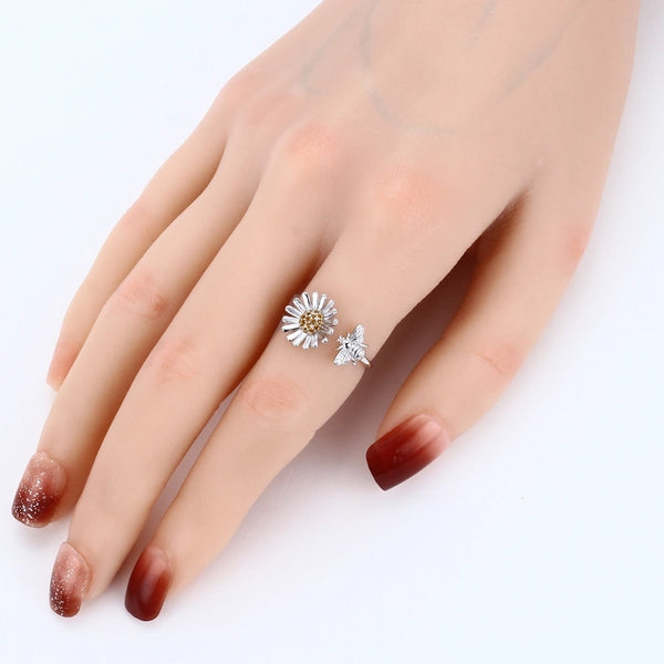 925 Sterling Silver Zircon Sunflower Open Ring