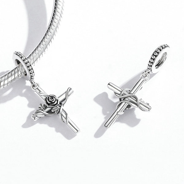 Aifule  Fashion Popular S925 Sterling Silver Rose Cross Pendant Bracelet DIY Simple Flower Beads