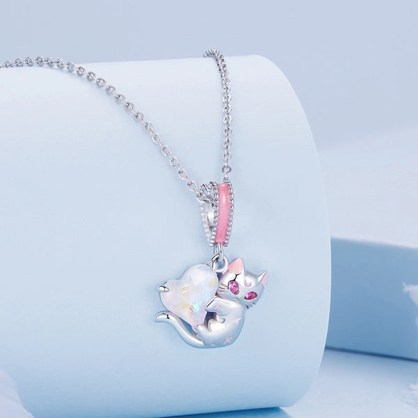 Aifule Sterling Silver S925 Cat Dangling Beads Bracelet White Gold Plated Zircon Dripping Cute Animal Pendant Bsc783