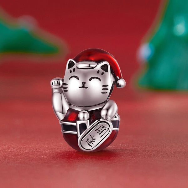 Aifule Sterling Silver S925 Christmas Lucky Cat Beaded Bracelet Dripping Oil Cute Animal Holiday Beads Scc2413