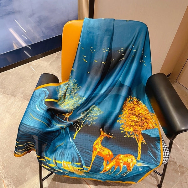 All The Way (deer) Has Your Live Printed Silk Scarf Spring And Autumn Silk Sun Protection Sunshade Vacation Style Beach Towel Scarf Shawl