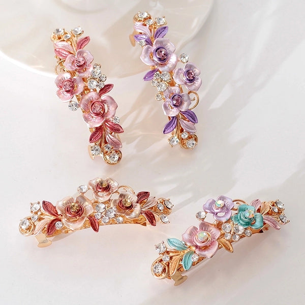 Alloy Rhinestone Hairpin Women's Flower Hairpin Baking Lacquer Craft Antique Plant Flower Flower Spring Clip Hair Accessories