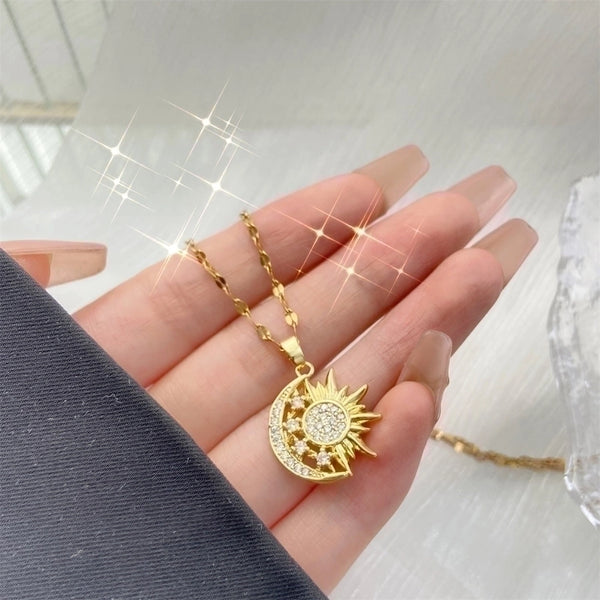 Artistic Sun Moon Stainless Steel Copper Plating Inlay Zircon Pendant Necklace