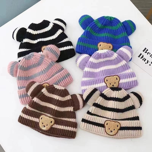 Autumn And Winter Children's Warm Hat Cute Striped Bear Hat Korean Baby With Double Ball Knitted Hat Men's And Women's Treasure Hat