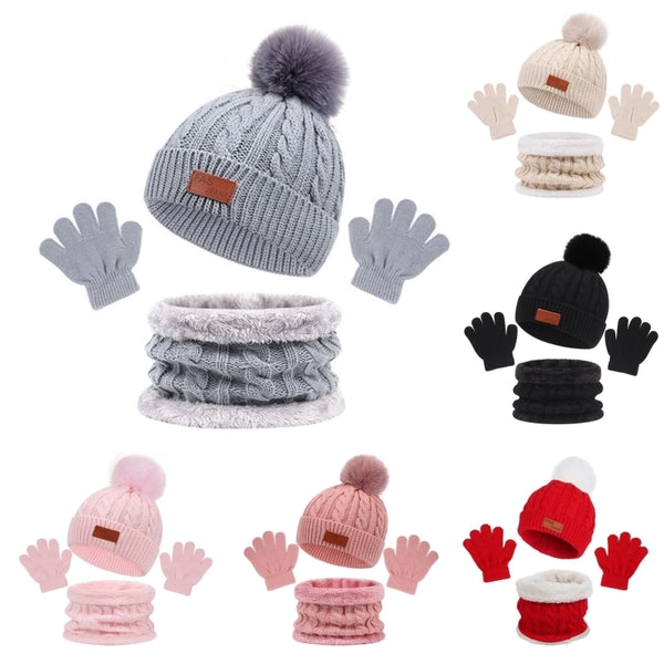 Autumn And Winter Children's Warm Knitted Hat Scarf Gloves Three-piece Set Baby Outdoor Cold-proof Wool Hat Three Pieces