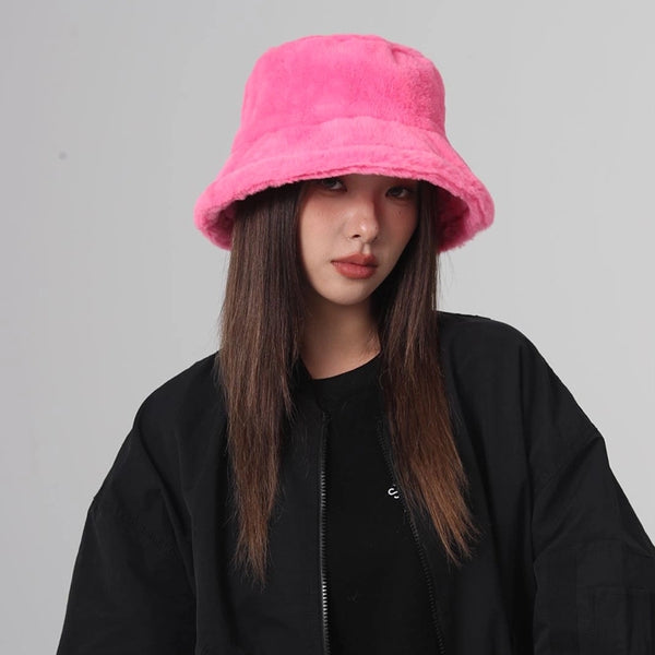 Autumn And Winter New Imitation Rabbit Fur And Velvet Fisherman Hat Women's Thickened Warm Basin Hat Fashionable Bucket Hat Candy Color