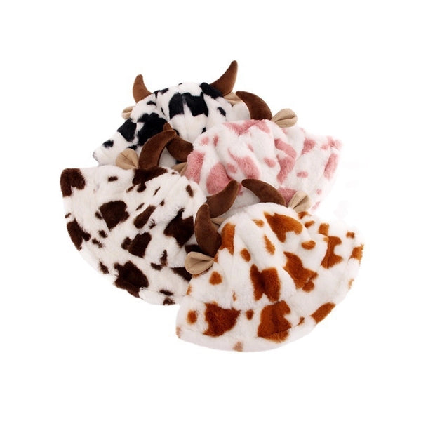 Autumn And Winter New Milk Cow Pattern Horn Fisherman Hat Female Printing Korean Fashion Plush Thick Warm Basin Hat Trendy