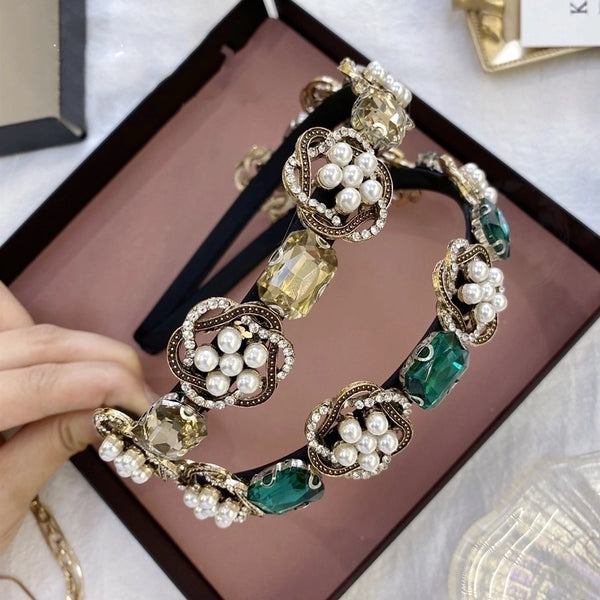 Baroque Rhinestone Headband Retro Heavy Alloy Pearl Headband Non-slip Head Band Hair Hole Pressure Hair Wholesale