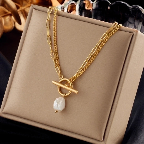 Basic Geometric 304 Stainless Steel Artificial Pearls 18K Gold Plated Layered Gold Plated Stainless Steel Necklaces