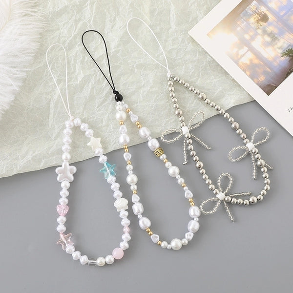 Basic Heart Shape Bow Knot Artificial Pearl Alloy Plastic Beaded Bag Pendant Mobile Phone Chain