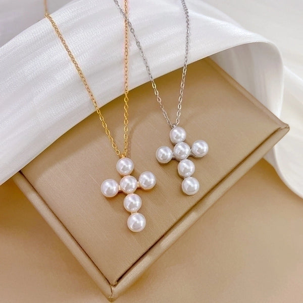 Basic Modern Style Korean Style Cross Titanium Steel Inlay Artificial Pearls Pendant Necklace