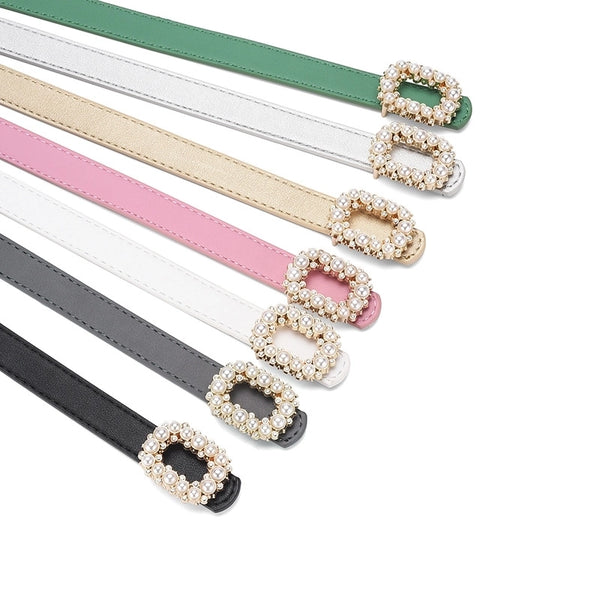 Basic Solid Color Pu Leather Alloy Inlay Artificial Pearls Women's Leather Belts