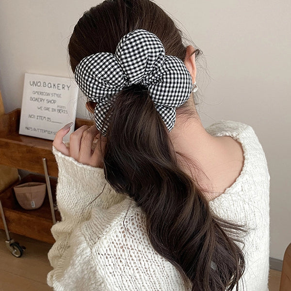 Black And White Plaid Flower Cotton-Filled Large Intestine Hair Band Female  Ponytail Back Head Hair Rope 2024 New Head Accessories