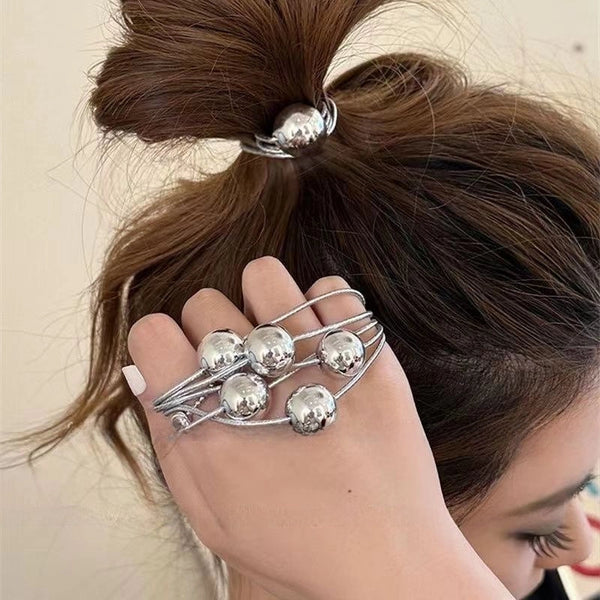 Blogger With Bright Silver Ball Rubber Tendon Women's Hair High Elastic Durable Headband New Korean Ponytail Headwear