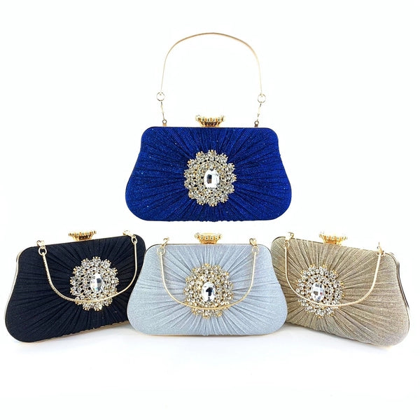 Blue Black Gold Pu Leather Cotton Flower Rhinestone Square Evening Bags