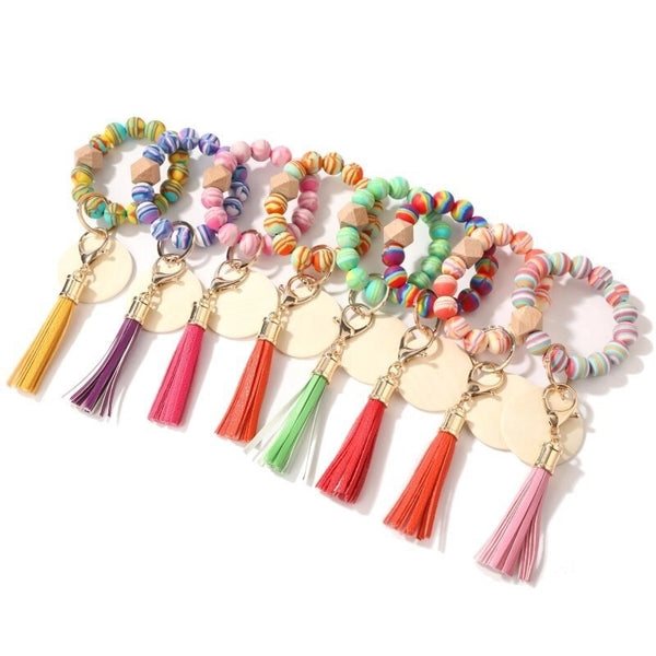 Bohemian Round Colorful Tassel Wood Silica Gel Unisex Bag Pendant Keychain