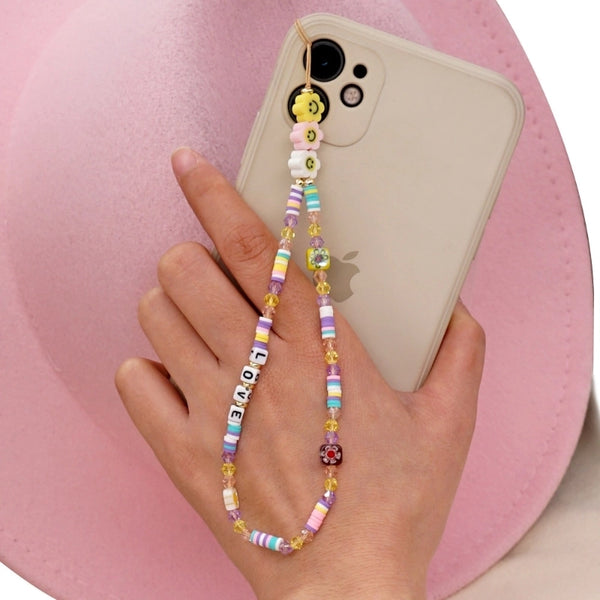 Bohemian Smile Ceramic Phone Chain Love Letter Crystal Handmade Beaded Mobile Phone Lanyard