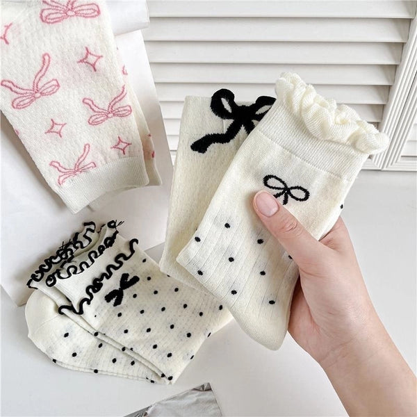 Bowknot Socks Women's Spring And Summer Mid-length Socks Thin Sweat-absorbent Stockings Black And White Versatile Trendy Zhuji Socks Summer