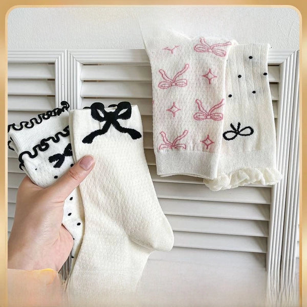 Bowknot Socks Women's Spring And Summer Mid-length Socks Thin Sweat-absorbent Stockings Black And White Versatile  Trendy Zhuji Socks