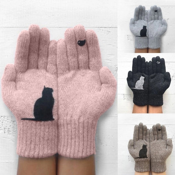 Boys Give Girls Gifts Couple Autumn And Winter Outdoor Warm Cold-proof Cat Bird Printed Wool Knitted Gloves