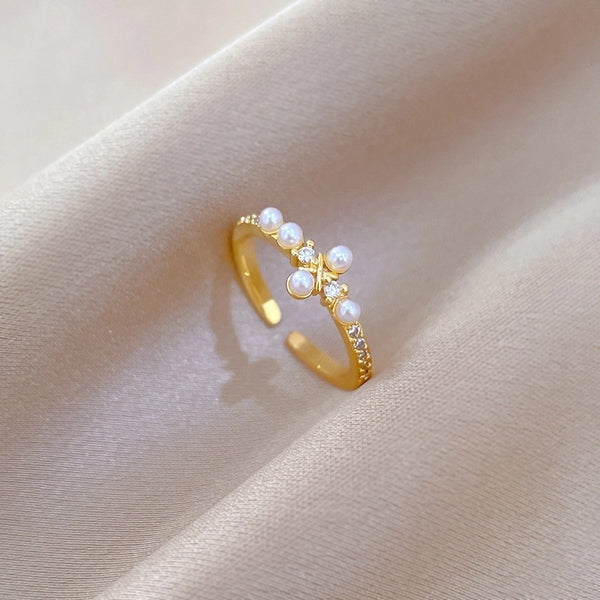 Brass Gold Plated Geometric Artificial Pearls Zircon Brass Rings