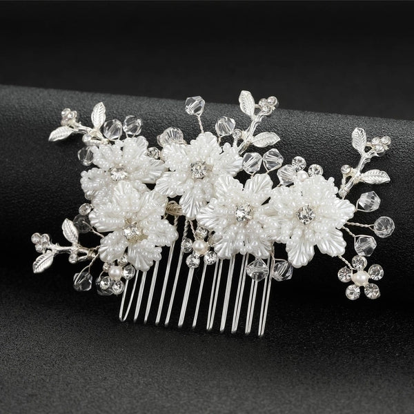 Bridal Wedding Hair Accessories White Flowers Beaded Hair Comb