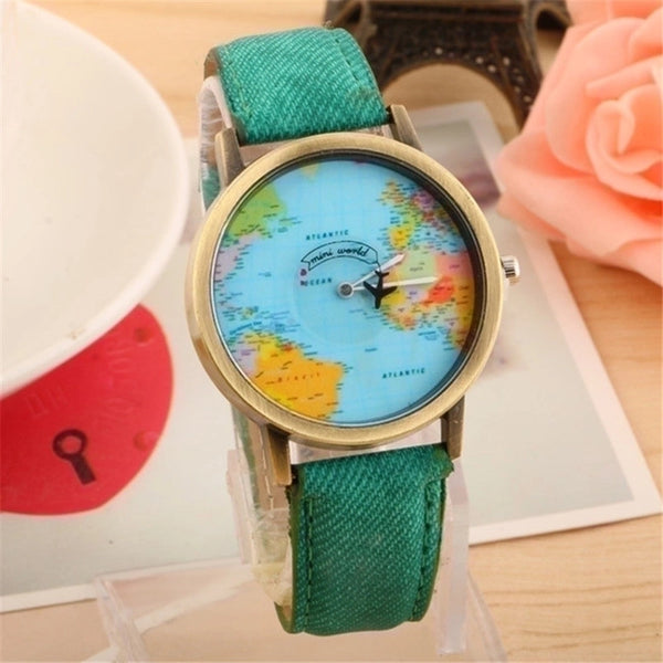 Bronze Denim Airplane Map Watch Rotating Second Hand Quartz Belt Watch