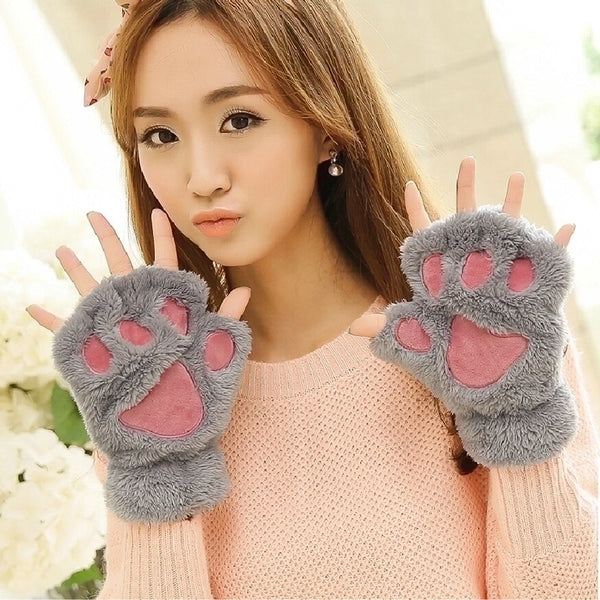 Cartoon Cat's Claw Gloves For Men And Women In Winter Korean-style Cute Girls Open-finger Thickened Warm Bear's Paw Plush Half-finger Gloves