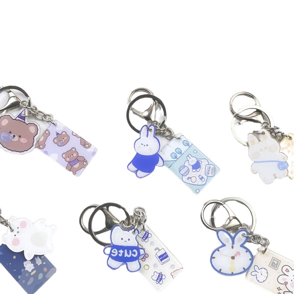 Cartoon Cute Acrylic Keychain Bear Rabbit Creative Simple Key Chain Double Buckle Girl Heart Hanging Pendant