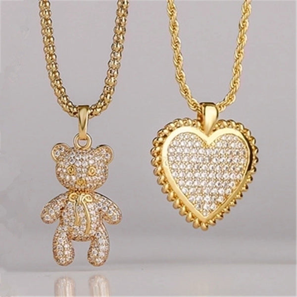 Cartoon Style Bear Heart Shape Copper Plating Inlay Zircon Sweater Chain 1 Piece