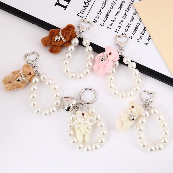 Cartoon Style Cute Bear Heart Shape Beaded Plush Bag Pendant Keychain