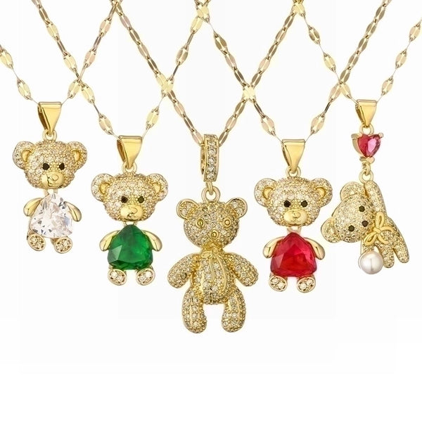 Cartoon Style Cute Little Bear Stainless Steel Copper Plating Inlay Pearl Zircon Gold Plated Pendant Necklace