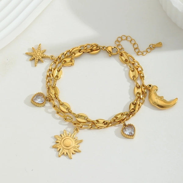 Casual Cute Commute Sun Moon Heart Shape 304 Stainless Steel 18K Gold Plated Zircon Cable Chain Bracelets In Bulk