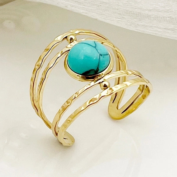 Casual Hawaiian Artistic Geometric Flower 304 Stainless Steel 14K Gold Plated Turquoise Rings In Bulk