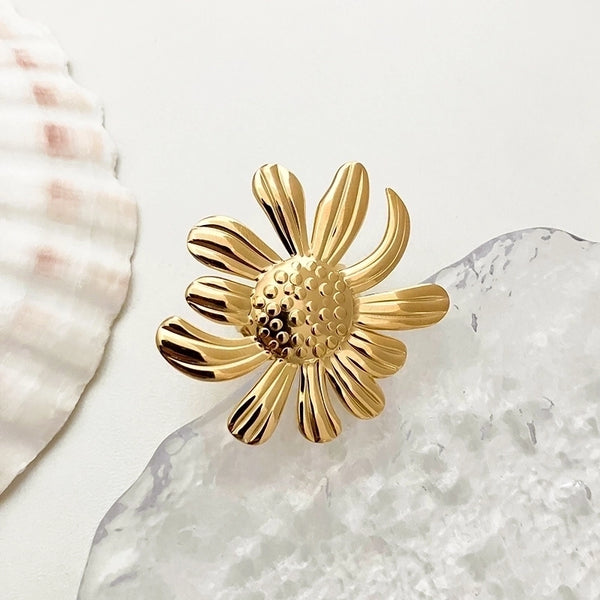 Casual Hawaiian Sweet Flower 304 Stainless Steel 14K Gold Plated Zircon Rings In Bulk