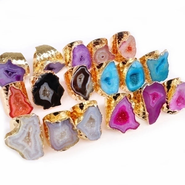 5 Pieces Casual Irregular Crystal Agate Gold Plated Crystal Open Ring