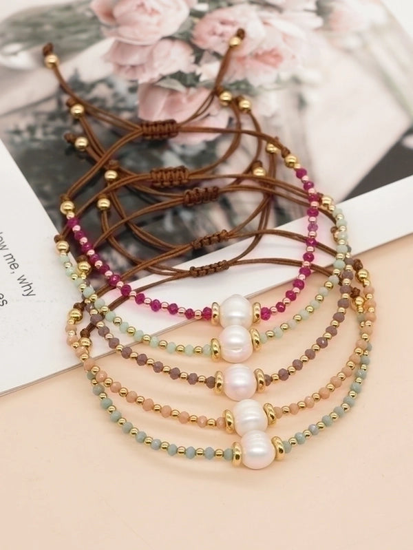 Casual Minimalist Round Artificial Crystal Freshwater Pearl Beaded Drawstring Braid Bracelets