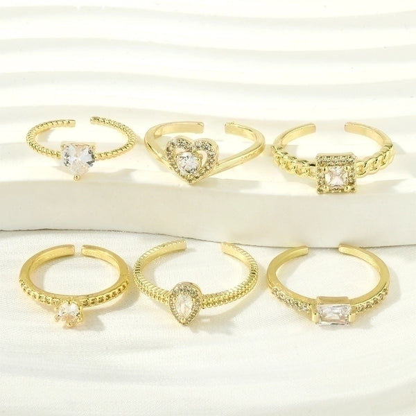 Casual Square Water Droplets Heart Shape Copper 18k Gold Plated Zircon Open Rings In Bulk