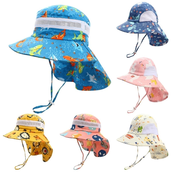 Children's Printed Cartoon Animal Bucket Hat Summer Big Brim Sun-proof Shawl Hat Beach Sun Hat