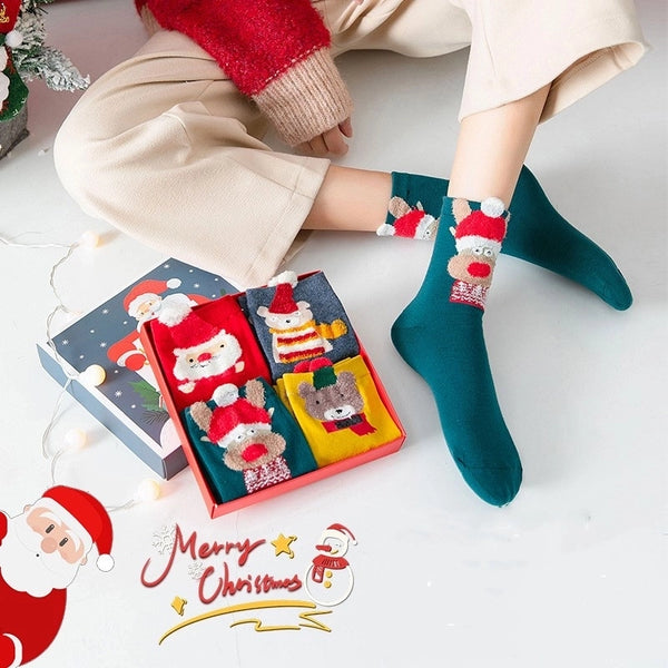 Christmas Cartoon Style Women's Animal Santa Claus Elk Cotton Crew Socks 1 Set