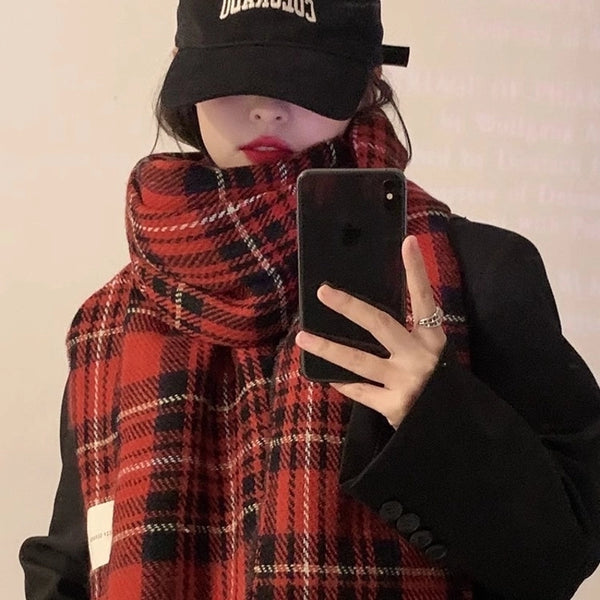 Christmas Scarf Women's Winter Korean-style High-grade Red Plaid Scarf Student Couple Thickened Warm Shawl