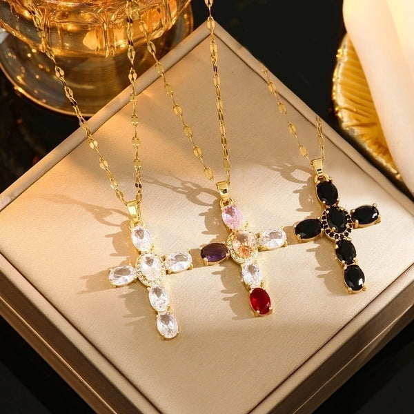 Classic Style Cross Titanium Steel Plating Inlay Rhinestones Zircon Gold Plated Silver Plated Pendant Necklace