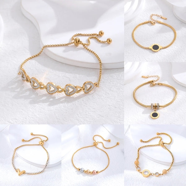 Classic Style Round Heart Shape Titanium Steel Plating Inlay Zircon 24k Gold Plated Bracelets